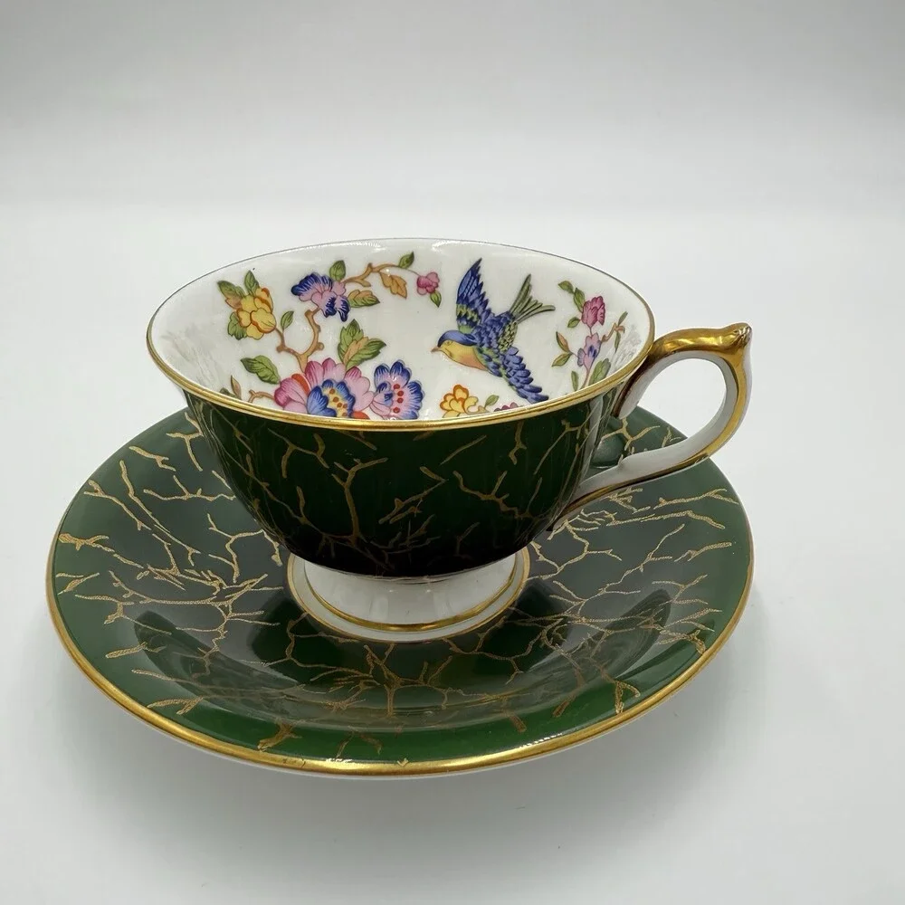 Aynsley Bone China Pembroke Pattern English Dark Green Floral Bird Crackle-like